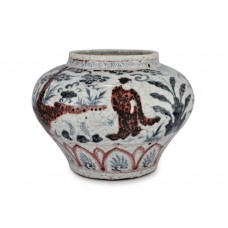 1375 A Yuan underglaze blue-red jar with figures decor